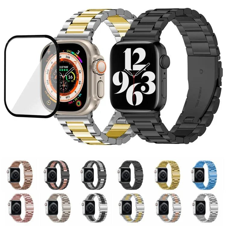 Three Beads Stainless Steel Watch Band with 3D Curved Film, For Apple Watch Ultra 2 / 1 49mm, For Apple Watch Series 45mm, For Apple Watch Series 41mm, For Apple Watch Series 38mm