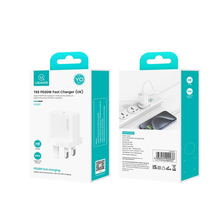 USAMS CC227 T65 PD20W USB-C / Type-C Single Port Fast Charger, UK Plug, CC227
