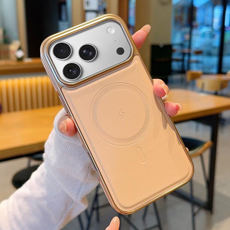 Electroplated PC Side Vegan Leather-Texture MagSafe Phone Case, For iPhone 17 Pro Max, For iPhone 17 Pro, For iPhone 17, For iPhone Air, For iPhone 16 Pro Max, For iPhone 16 Pro, For iPhone 16, For iPhone 15 Pro Max, For iPhone 15 Pro, For iPhone 15