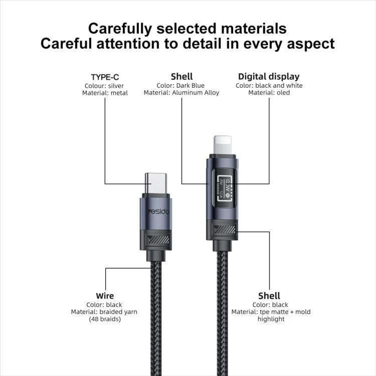 Yesido CA138L 12W 2.4A USB to 8 Pin OLED Display Charging Data Cable, USB to 8 Pin