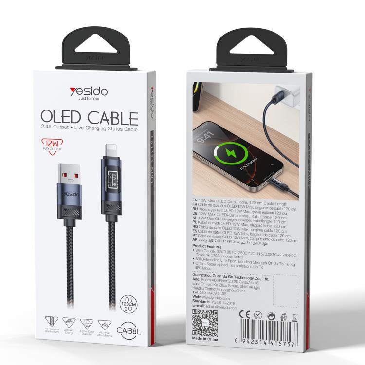 Yesido CA138L 12W 2.4A USB to 8 Pin OLED Display Charging Data Cable, USB to 8 Pin