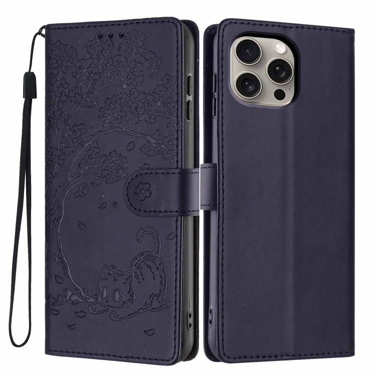 Tree Cat Embossed Flip Vegan Leather Phone Case, For iPhone 16 Pro, For iPhone 16 Plus, For iPhone 16, For iPhone 15 Pro Max, For iPhone 15 Pro, For iPhone 15 Plus