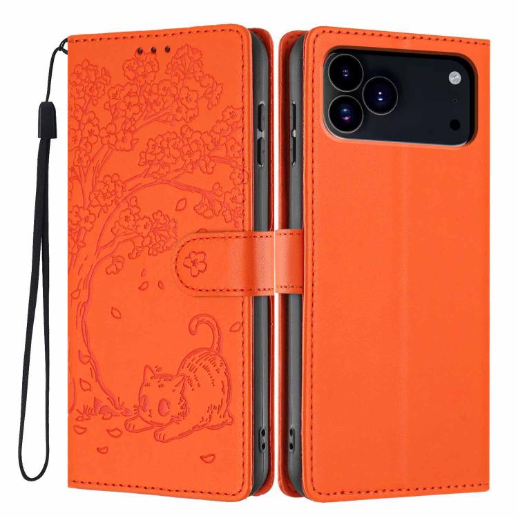 Tree Cat Embossed Flip Vegan Leather Phone Case, For iPhone 18 Pro, For iPhone 18 Pro Max, For iPhone 17e / 16e, For iPhone 17 Pro Max, For iPhone 17 Pro, For iPhone 17