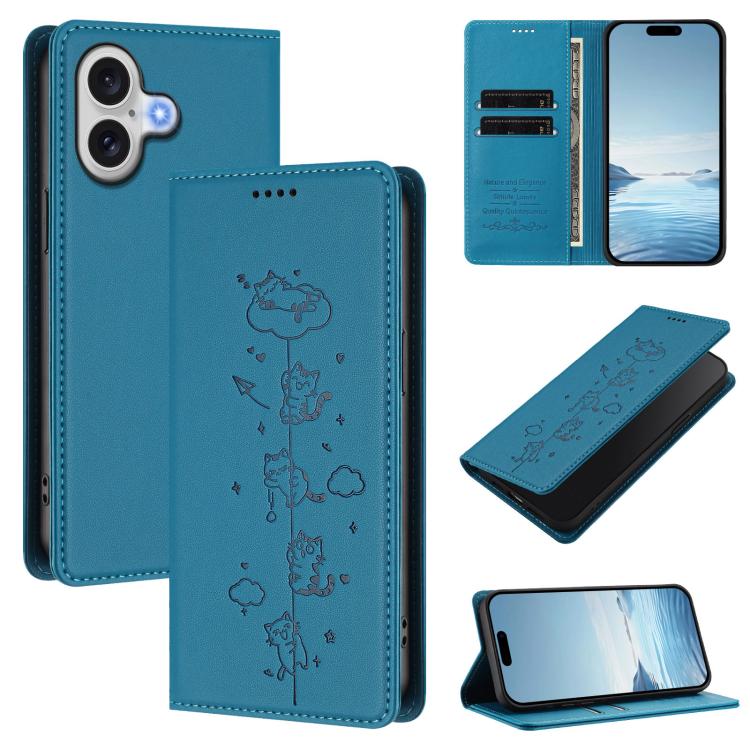 Cute Cats Embossed Magnetic RFID Vegan Leather Phone Case, For iPhone 17e / 16e, For iPhone 17 Pro Max, For iPhone 17 Pro, For iPhone 17