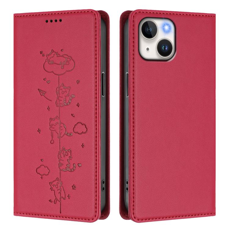 Cute Cats Embossed Magnetic RFID Vegan Leather Phone Case, For iPhone 15, For iPhone 14 Plus, For iPhone 14 / 13, For iPhone 14 Pro