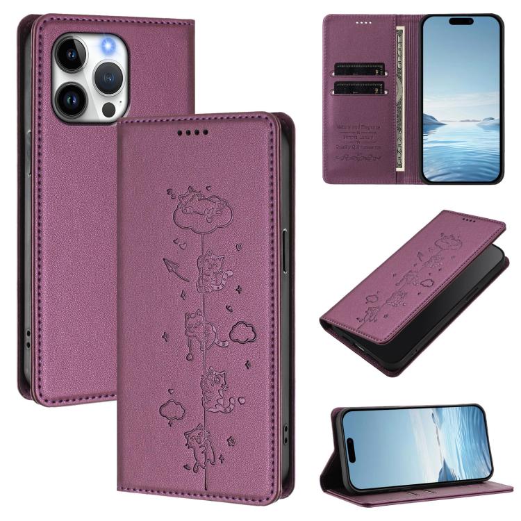 Cute Cats Embossed Magnetic RFID Vegan Leather Phone Case, For iPhone 14 Pro Max, For iPhone 13 Pro Max, For iPhone 13 Pro, For iPhone 12 Pro Max