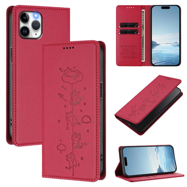 Cute Cats Embossed Magnetic RFID Vegan Leather Phone Case, For iPhone 12 / 12 Pro, For iPhone 11 Pro Max, For iPhone 11, For iPhone 11 Pro