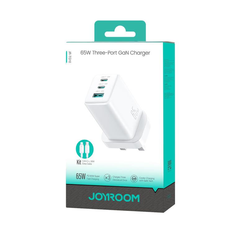 JOYROOM JR-TG10 65W GaN Dual Type-C, USB 3-Port Charger with Type-C to 8 Pin Cable, UK Plug
