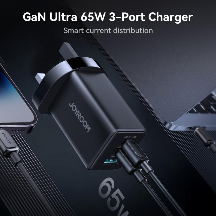 JOYROOM JR-TG10 65W GaN Dual Type-C, USB 3-Port Charger with Type-C to 8 Pin Cable, UK Plug