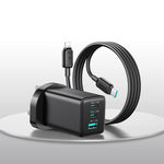 JOYROOM JR-TG10 65W GaN Dual Type-C, USB 3-Port Charger with Type-C to 8 Pin Cable, UK Plug