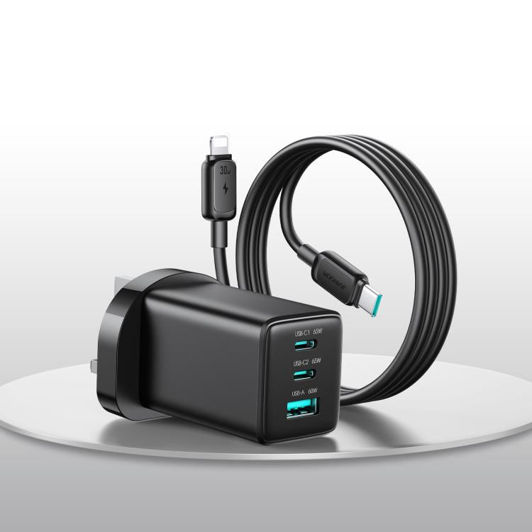 JOYROOM JR-TG10 65W GaN Dual Type-C, USB 3-Port Charger with Type-C to 8 Pin Cable, UK Plug