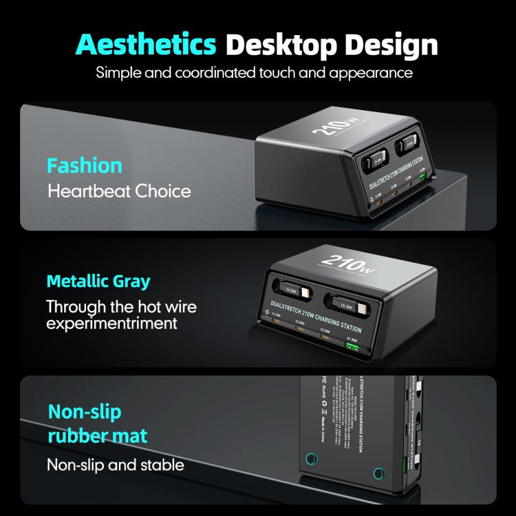 WXL-60E 210W 6-in-1 Desktop Multi Ports Charging Station Built-in Dual Telescopic Cables, WXL-60E