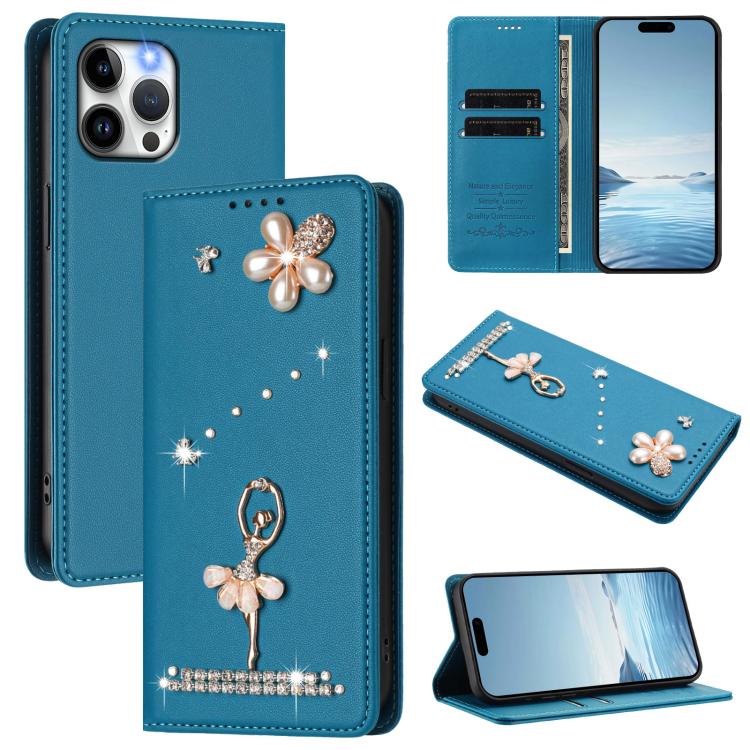 Ballet Girl Diamond Studded RFID Vegan Leather Phone Case, For iPhone 13 Pro, For iPhone 12 / 12 Pro, For iPhone 12 Pro Max, For iPhone 11 Pro Max, For iPhone 11, For iPhone 11 Pro