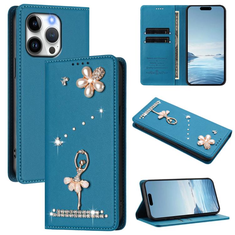 Ballet Girl Diamond Studded RFID Vegan Leather Phone Case, For iPhone 13 Pro, For iPhone 12 / 12 Pro, For iPhone 12 Pro Max, For iPhone 11 Pro Max, For iPhone 11, For iPhone 11 Pro