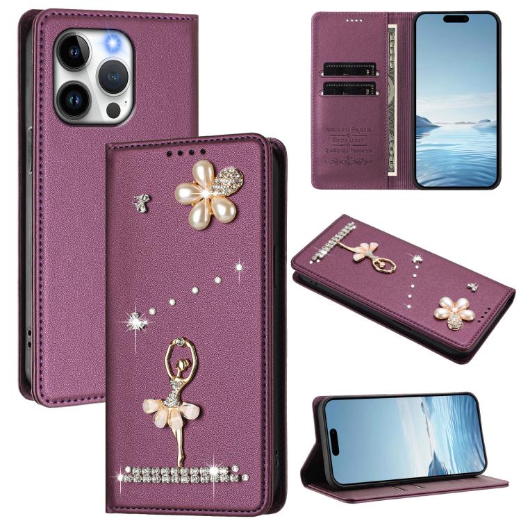 Ballet Girl Diamond Studded RFID Vegan Leather Phone Case, For iPhone 13 Pro, For iPhone 12 / 12 Pro, For iPhone 12 Pro Max, For iPhone 11 Pro Max, For iPhone 11, For iPhone 11 Pro