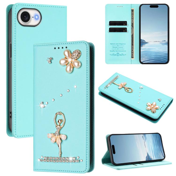 Ballet Girl Diamond Studded RFID Vegan Leather Phone Case, For iPhone 17e / 16e, For iPhone 17 Pro Max, For iPhone 17 Pro, For iPhone 17, For iPhone Air, For iPhone 16 Pro Max