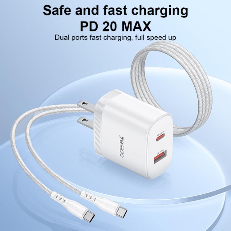 Yesido YC19U PD20W USB-C / Type-C and QC18W USB-A Dual Ports Charger Set with Type-C to Type-C Cable, YC19U