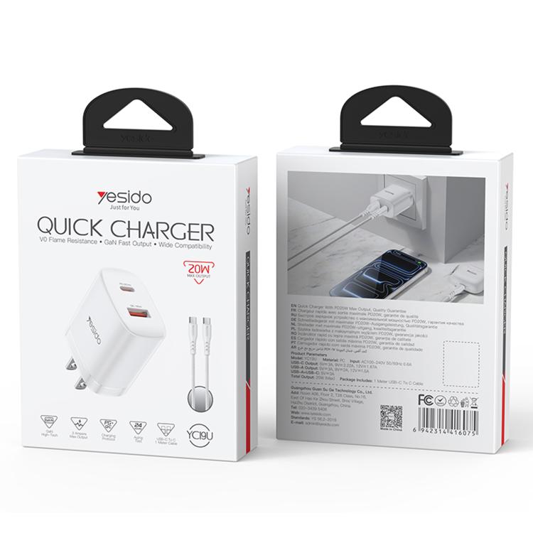 Yesido YC19U PD20W USB-C / Type-C and QC18W USB-A Dual Ports Charger Set with Type-C to Type-C Cable, YC19U