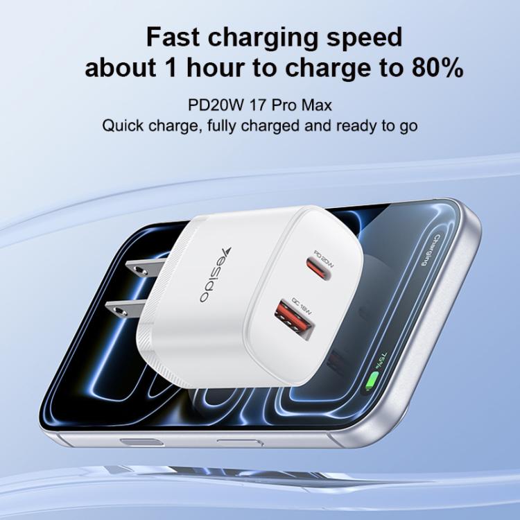 Yesido YC19U PD20W USB-C / Type-C and QC18W USB-A Dual Ports Charger Set with Type-C to Type-C Cable, YC19U