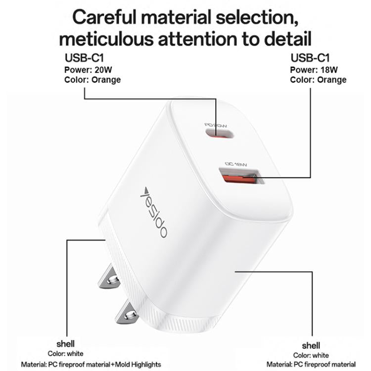 Yesido YC19U PD20W USB-C / Type-C and QC18W USB-A Dual Ports Charger Set with Type-C to Type-C Cable, YC19U