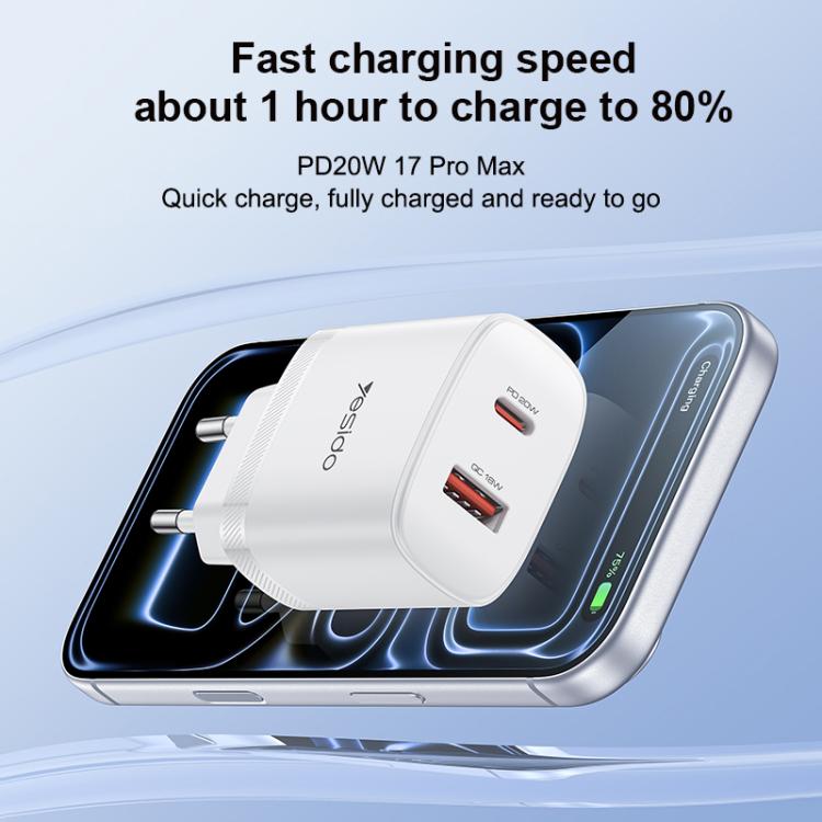 Yesido YC106 PD20W USB-C / Type-C and QC18W USB-A Dual Ports Charger Set with Type-C to Type-C Cable, YC106