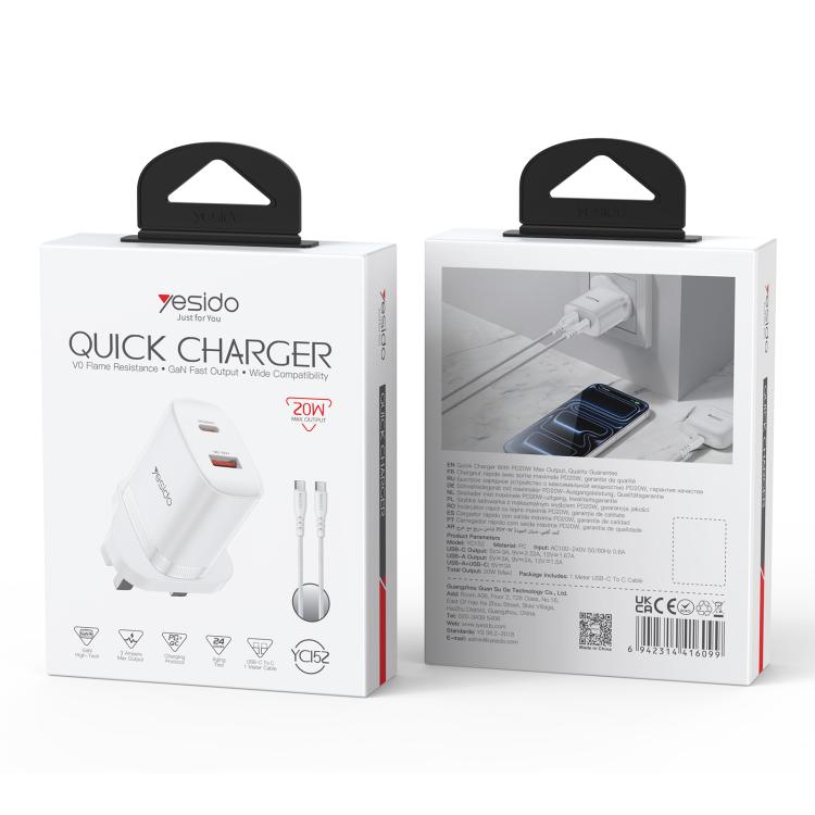 Yesido YC152 PD20W USB-C / Type-C and QC18W USB-A Dual Ports Charger Set with Type-C to Type-C Cable, YC152