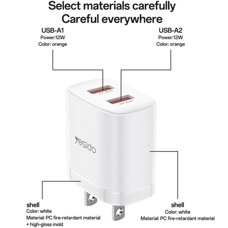 Yesido YC17U 12W 2.4A USB Dual Ports Charger Set with 1m USB to Type-C Data Cable, YC17U