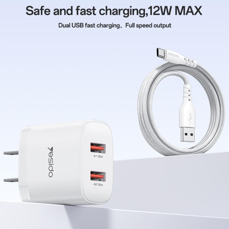 Yesido YC17U 12W 2.4A USB Dual Ports Charger Set with 1m USB to Type-C Data Cable, YC17U
