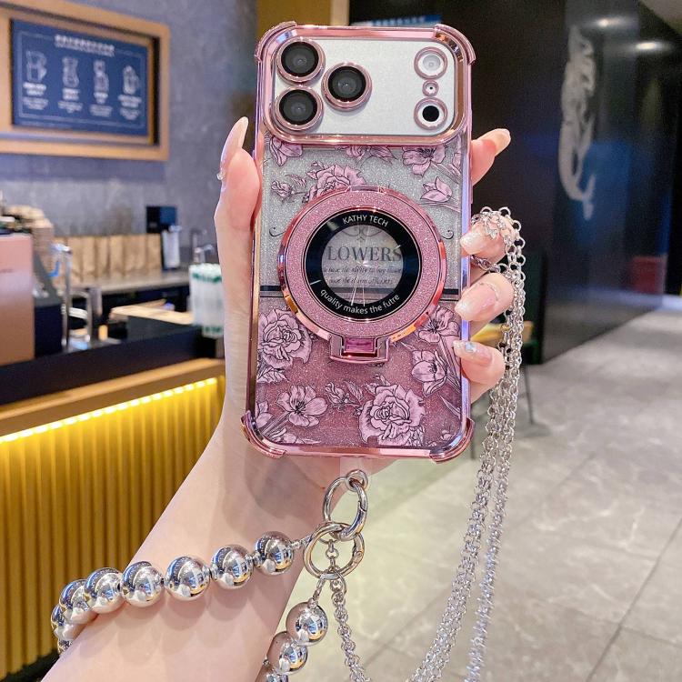 Gradient Glitter Flowers Electroplated Phone Case with Beaded Strap and Long Chain, For iPhone 17 Pro Max, For iPhone 17 Pro, For iPhone 17, For iPhone Air, For iPhone 16 Pro Max, For iPhone 16 Pro, For iPhone 16 Plus, For iPhone 16, For iPhone 15 Pro ...