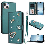 ZS01 Double-Layer Heart Floral Vegan Leather Phone Case with Wrist Strap, For iPhone 15, For iPhone 14 Plus, For iPhone 14 / 13, For iPhone 14 Pro, For iPhone 14 Pro Max, For iPhone 13 Pro Max