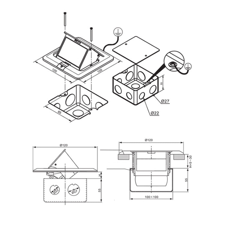 Hidden Pop-up Aluminum Alloy Computer Floor Socket with Cover Bottom Box, US Plug