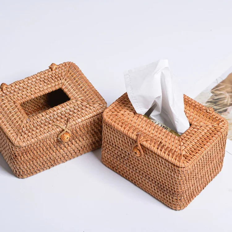 ZJH01 Square Shape Restaurant Desktop Rattan Braided Tissue Storage Box Case, Square Shape