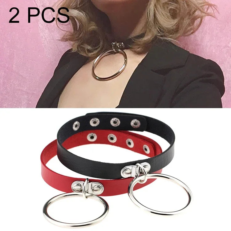 2 PCS European and American Style Punk O-shaped Big Ring Popular Leather Necklace Collar, Random Color Delivery, DHXQ03