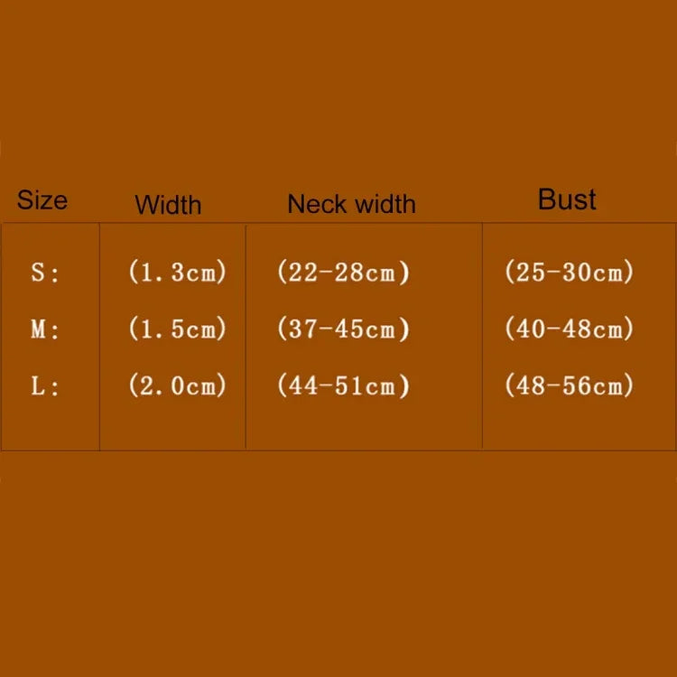 Size chart for breathable dog chest strap, showing measurements for S, M, and L sizes.