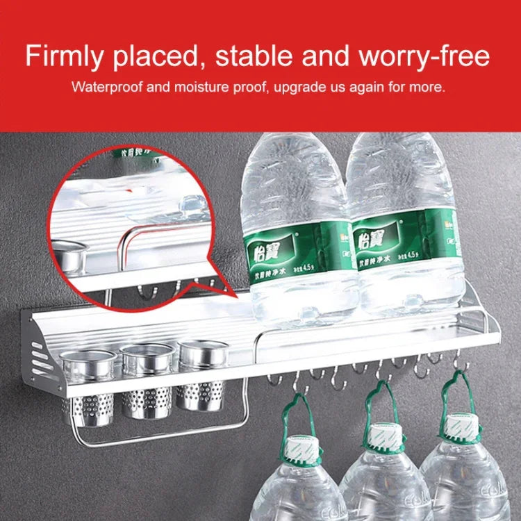 50cm 2 Cups 8 Hooks Multi-function Kitchen Punching Wall-mounted Plastic Edge Condiment Storage Rack, 50cm Punching Plastic Edge