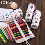 72 Slots Cartoon Animal Print Pen Bag Canvas Pencil Wrap Curtain Roll Up Pencil Case Stationery Pouch, 72 Slots