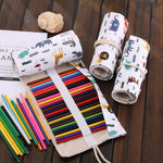 72 Slots Cartoon Animal Print Pen Bag Canvas Pencil Wrap Curtain Roll Up Pencil Case Stationery Pouch, 72 Slots