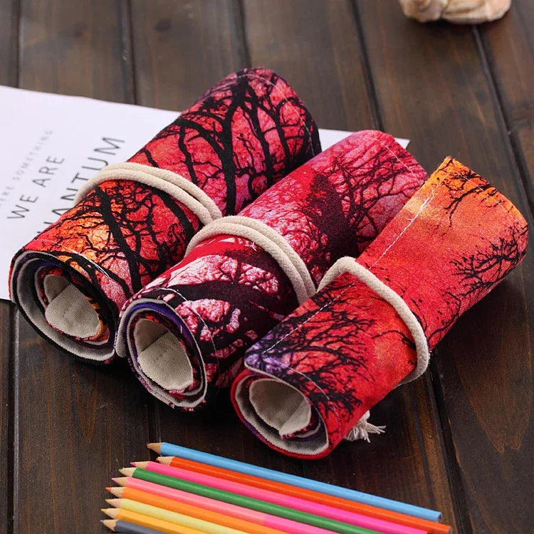 48 Slots Sunset Tree Print Pen Bag Canvas Pencil Wrap Curtain Roll Up Pencil Case Stationery Pouch, 48 Slots