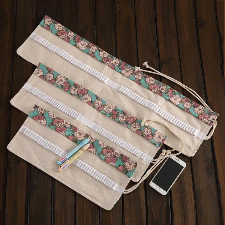 36 Slots Rose Clock Print Pen Bag Canvas Pencil Wrap Curtain Roll Up Pencil Case Stationery Pouch, 36 Slots