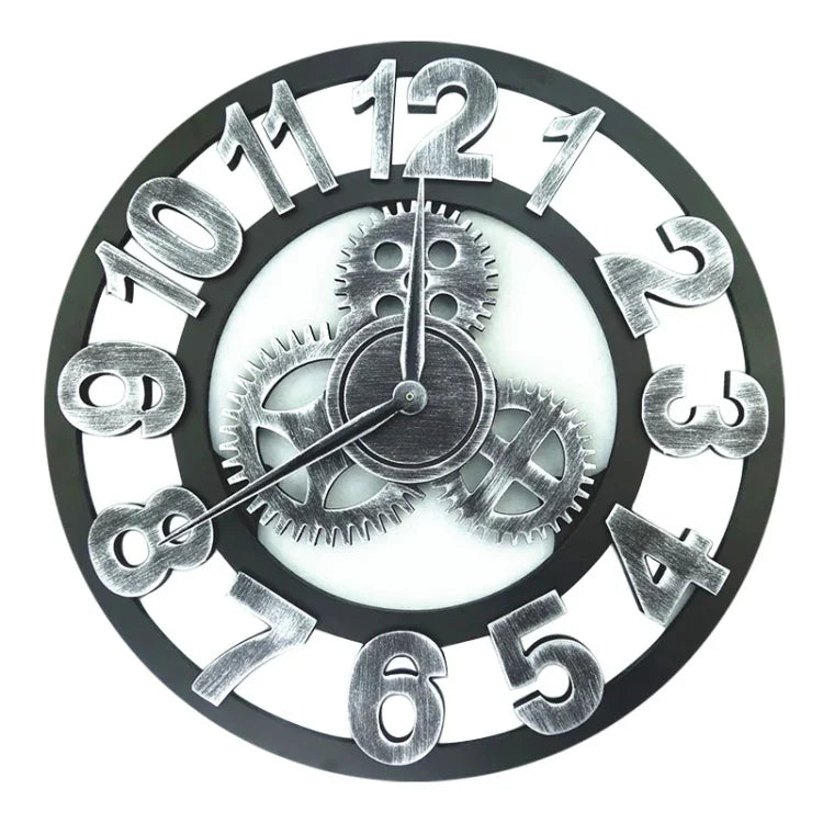 Retro Wooden Round Single-sided Gear Clock Number Wall Clock, Diameter: 40cm, Number 40cm, Number 40cm (Silver)