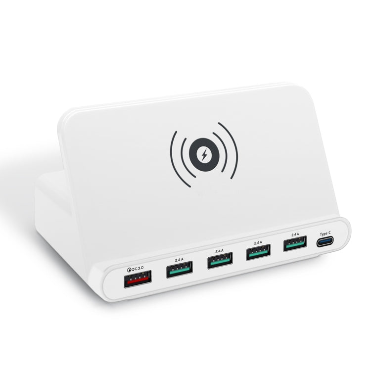 828W 7 in 1 60W QC 3.0 USB Interface + 4 USB Ports + USB-C / Type-C Interface + Wireless Charging Multi-function Charger with Mobile Phone Holder Function, UK Plug, UK Plug White, UK Plug Black
