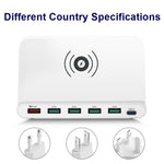 828W 7 in 1 60W QC 3.0 USB Interface + 4 USB Ports + USB-C / Type-C Interface + Wireless Charging Multi-function Charger with Mobile Phone Holder Function, UK Plug, UK Plug White, UK Plug Black
