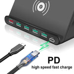 828W 7 in 1 60W QC 3.0 USB Interface + 4 USB Ports + USB-C / Type-C Interface + Wireless Charging Multi-function Charger with Mobile Phone Holder Function, UK Plug, UK Plug White, UK Plug Black