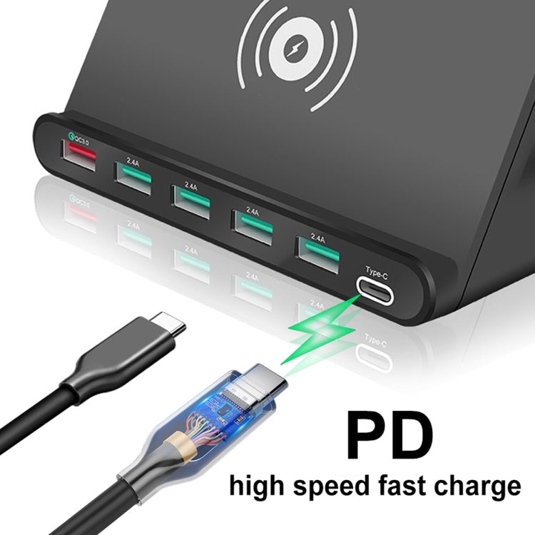 828W 7 in 1 60W QC 3.0 USB Interface + 4 USB Ports + USB-C / Type-C Interface + Wireless Charging Multi-function Charger with Mobile Phone Holder Function, UK Plug, UK Plug White, UK Plug Black