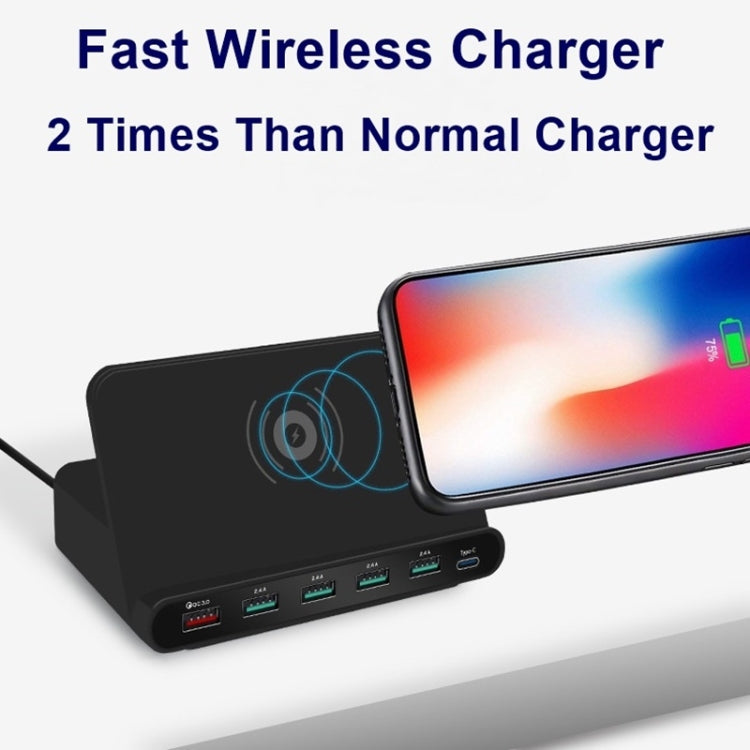 828W 7 in 1 60W QC 3.0 USB Interface + 4 USB Ports + USB-C / Type-C Interface + Wireless Charging Multi-function Charger with Mobile Phone Holder Function, UK Plug, UK Plug White, UK Plug Black