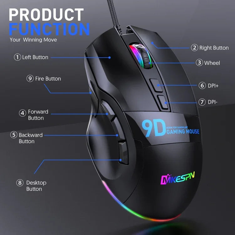 MKESPN X10 9-Buttons RGB Wired Full Speed Macro Definition Gaming Mouse, Full Speed Macro Definition