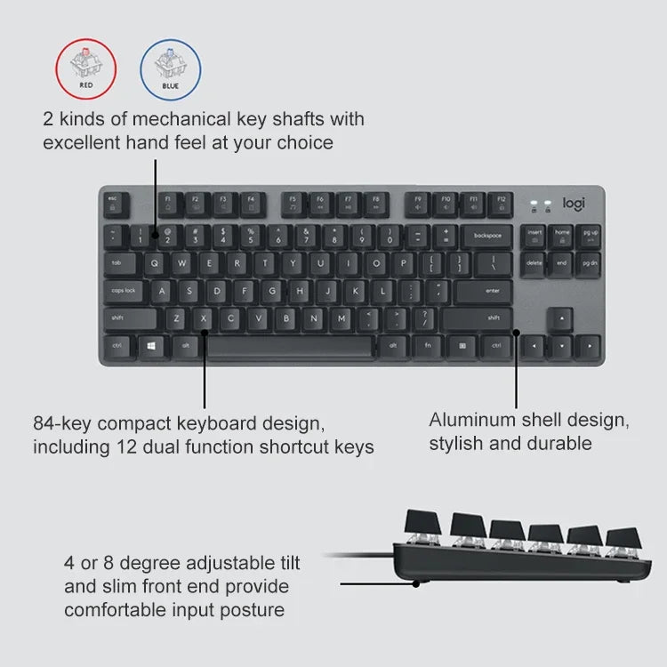 Logitech K835 Mini Mechanical Wired Keyboard, Green Shaft, Green Shaft