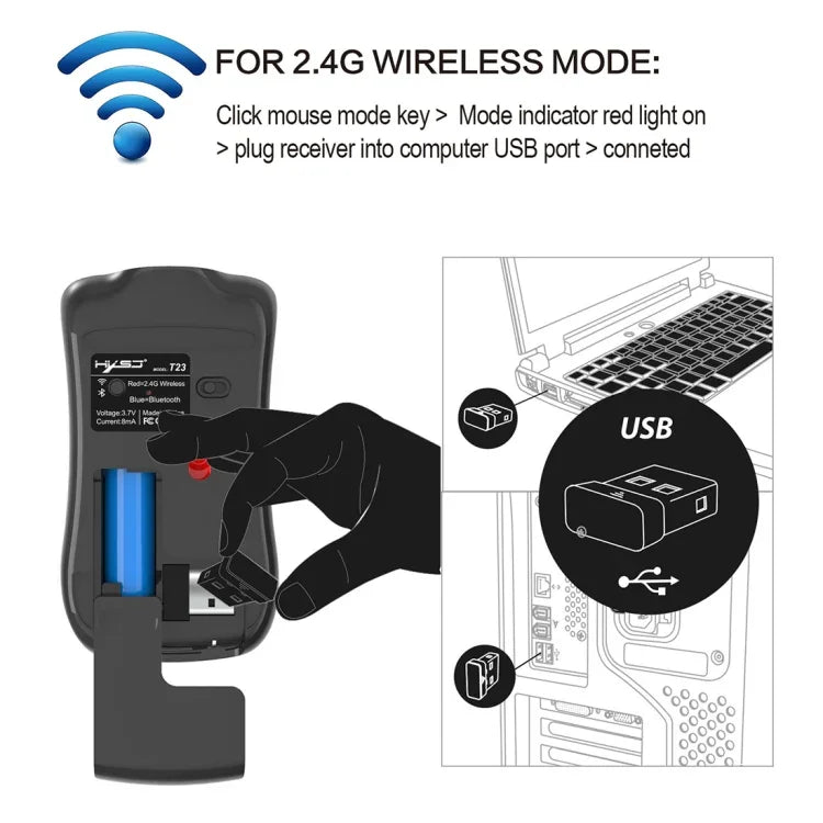 HXSJ T23 Bluetooth 5.0 + Bluetooth 3.0 + 2.4GHz Wireless Three Modes 4-Keys 1600 DPI Adjustable Ergonomics Optical Mouse, T23 Black