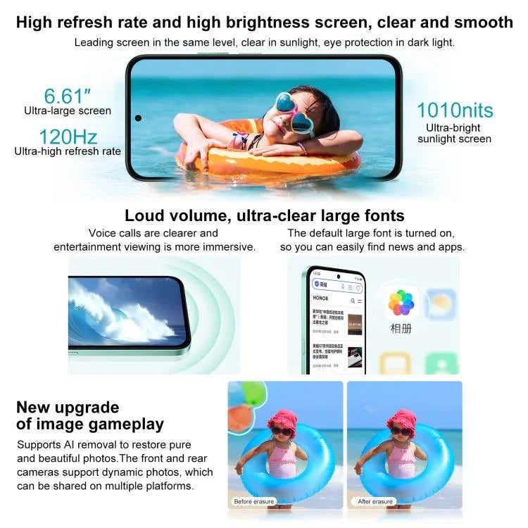 Honor Play 60, 6GB+128GB, Side Fingerprint, 6.61 inch MagicOS 9.0 Dimensity 6300 Octa Core, Network: 5G, OTG, Play 60, 6GB+128GB, 6GB+128GB
