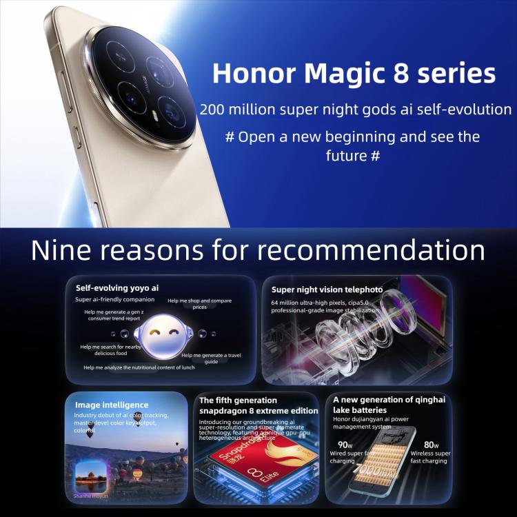 Honor Magic8, 16GB+512GB, Screen Fingerprint, 6.58 inch MagicOS 10.0 / Android 16 Snapdragon 8 Elite Gen 5th Octa Core, Network: 5G, NFC, OTG, 16GB+512GB